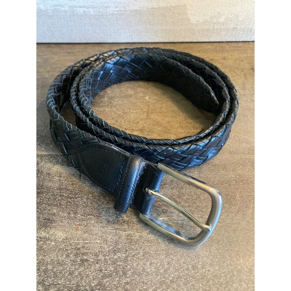 Tommy Hilfiger Mens Braided Belt Black Woven Leather Size 40 Silver Buckle